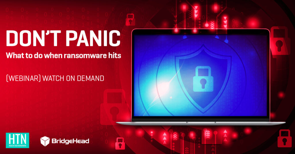 Image of laptop with a blue screen with an image of a padlock within a shield symbol and text saying "Don't panic, what to do when ransomware hits - Webinar Watch On Demand"