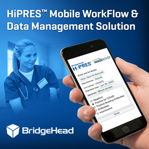 Hand holding mobile phone displaying HiPRES app with doctor in the background. Text says "HiPRES Mobile Workflow & Data Management Solution"