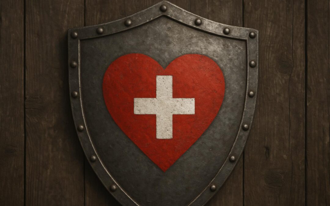 A photorealistic image of a knight's shield featuring the emblem of a red heart with embedded white cross to represent patient safety