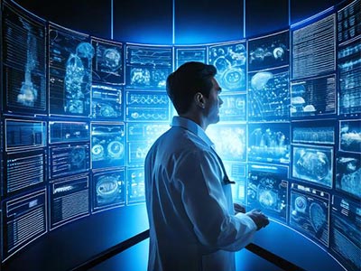 Abstract image of clinician reviewing clinical data across multiple screens