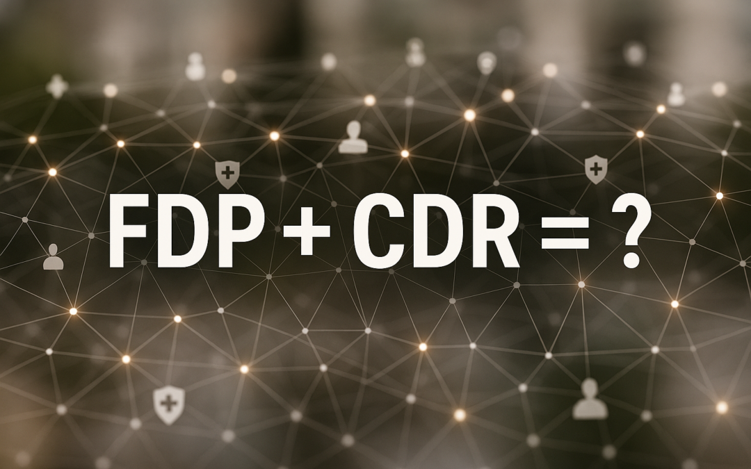 An image of an equation: NHS Federated Data Platform (FDP) + Clinical Data Repository (CDR) = ? placed on a background with an abstract network of healthcare data exchange