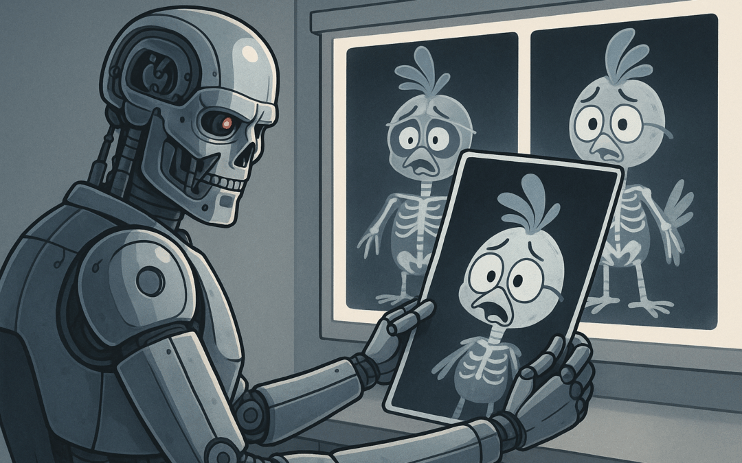 A cartoon of a radiologist cyborg robot examining an x-ray of a nervous chicken