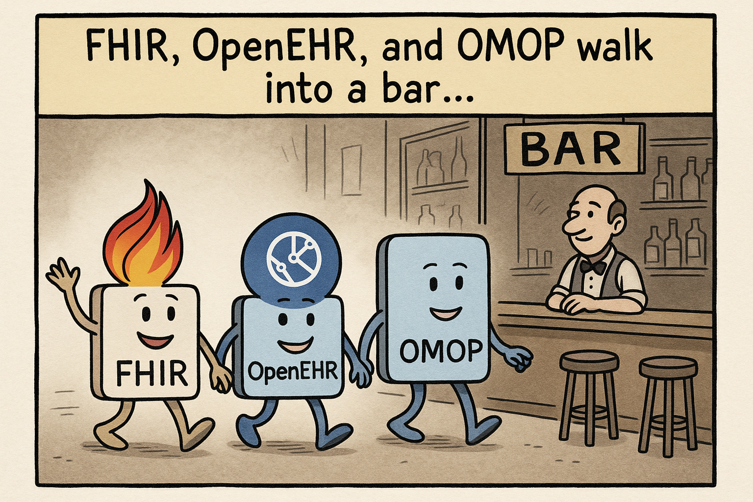 FHIR OpenEHR and OMOP walk into a bar A cartoon depicting 3 characters: FHIR OpenEHR and OMOP; walking into a bar...