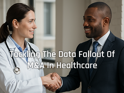 M&A In Healthcare - Businessman Shaking Hands With Clinician; with overlay text: Tackling The Data Fallout Of M&A In Healthcare