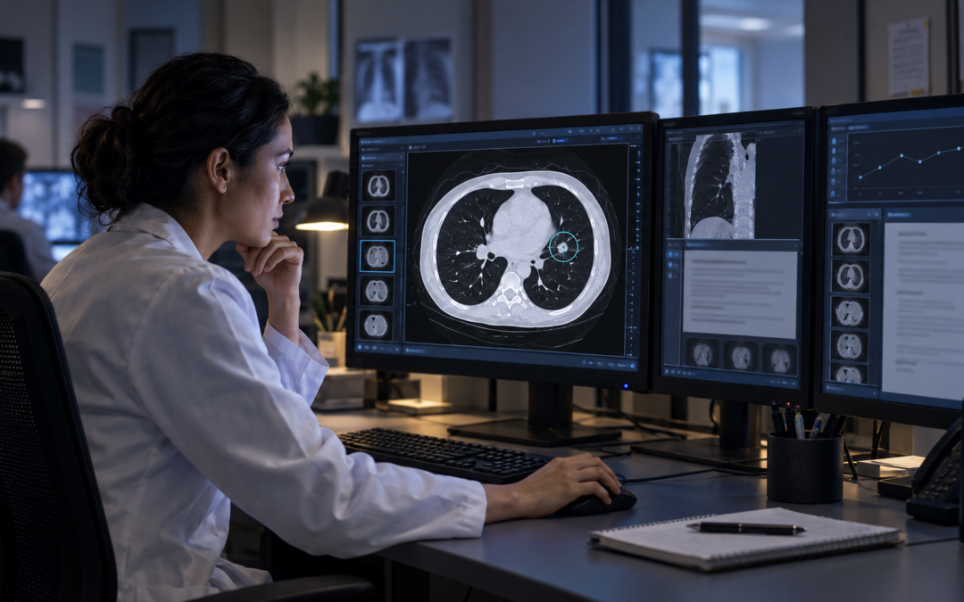 An image of a radiologist reviewing a CT scan with a highlighted area of interest alongside prior imaging and clinical data